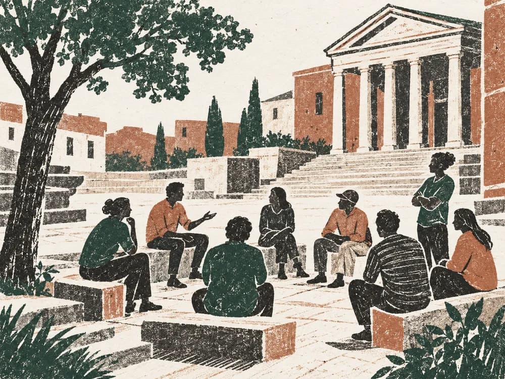 People gathering in a public square to discuss ideas, illustrated in green and terracotta ink.